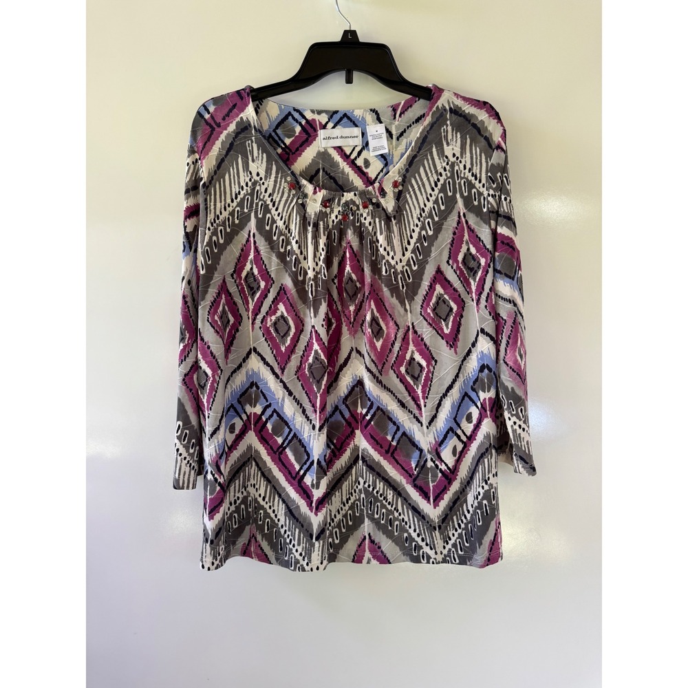 Alfred Dunner Womens Medium Purple Grey Ikat Textured Rhinestone 3/4 Sleeve Top‎
